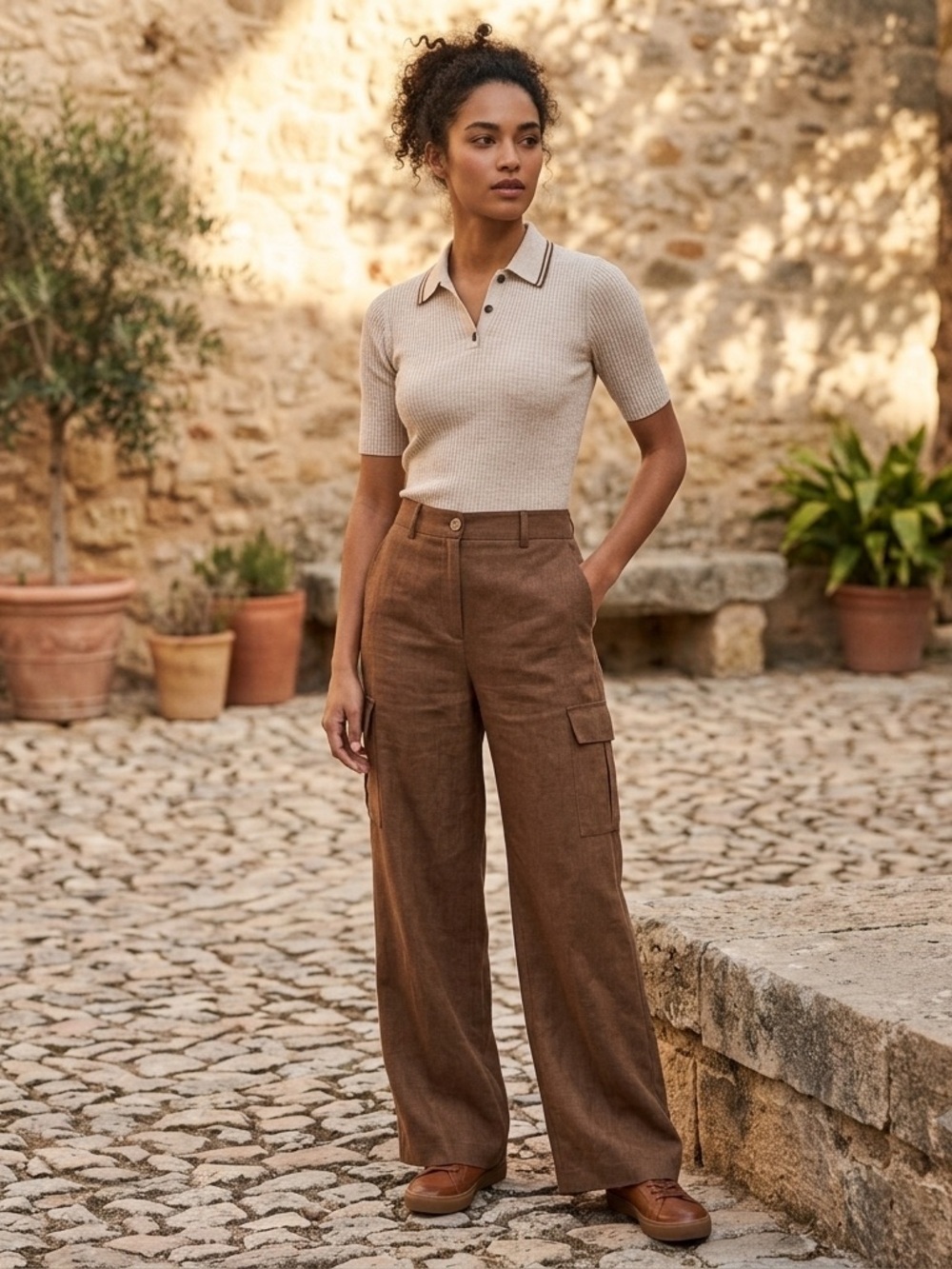 Theory Sz 4 Wide Leg Brown Pecan Cargo Pants Trousers Minimalist Lightweight